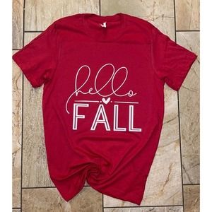 Bella Canvas Unisex Red "Hello‎ Fall" Top Shirt Size Medium